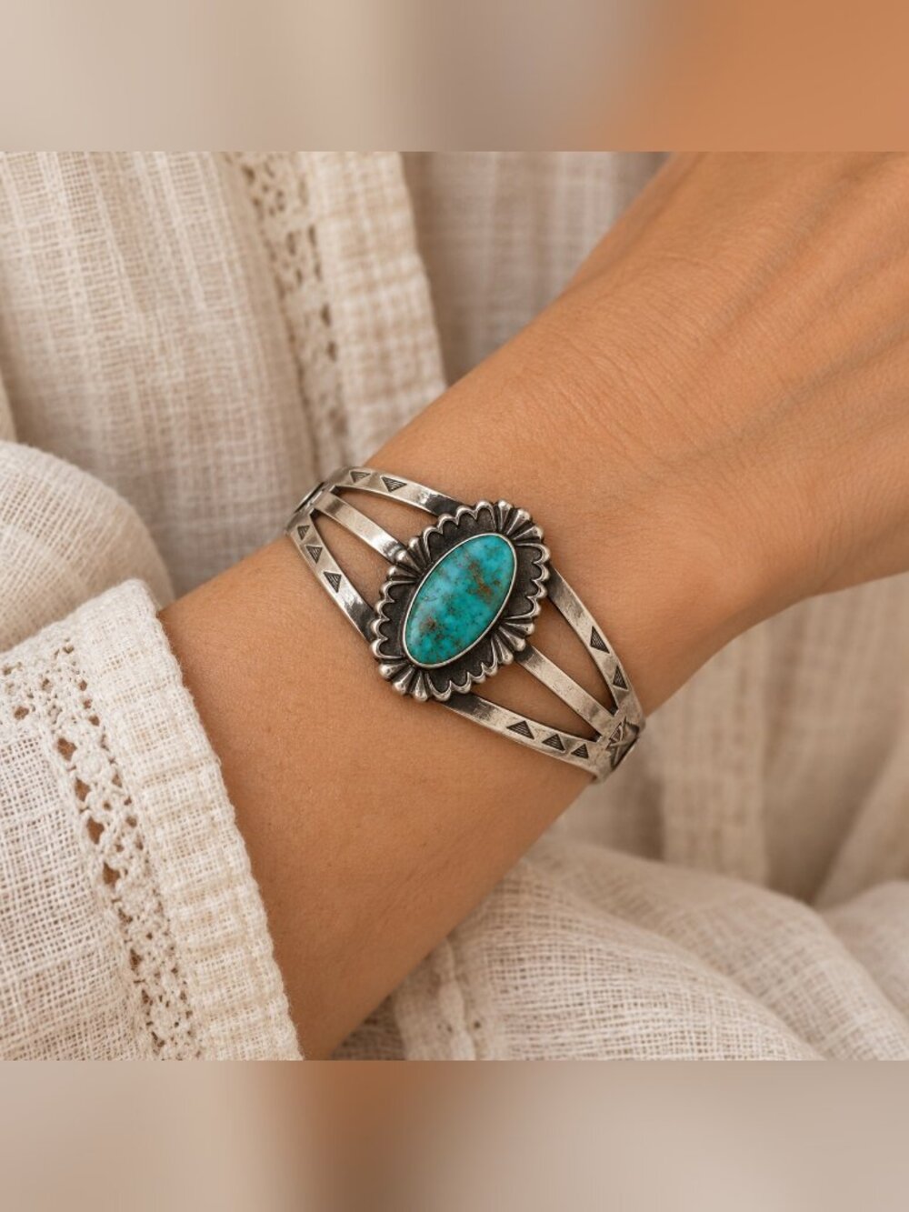 Vintage Sterling Silver Turquoise Cuff Bracelet Southwestern Split Shank
